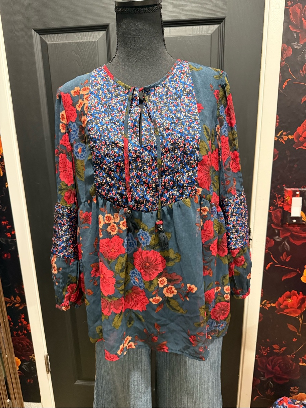 Daniel Rainn Blue Tunic with Red Floral Print